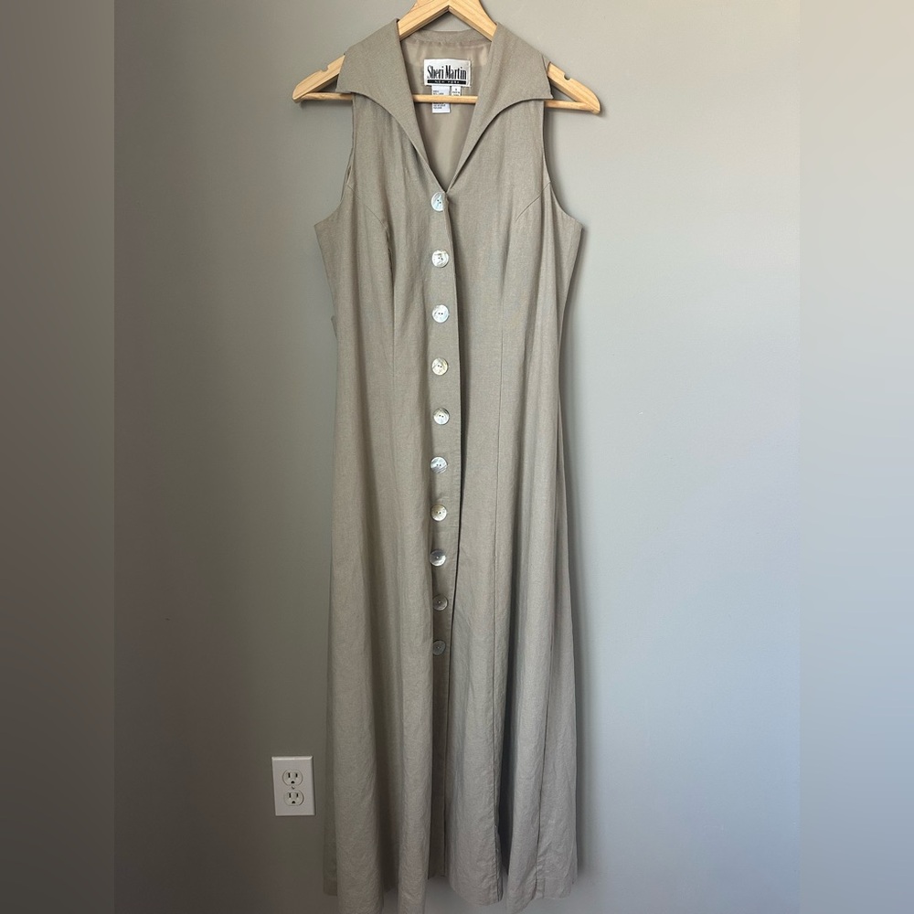 Vintage Linen Rayon Blend ButtonDown Beige Sheri Martin Maxi Dress Shell buttons